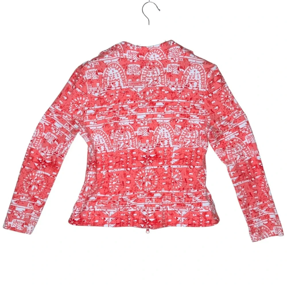 Clara Sunwoo Coral Pink White Geometric Batik Zip Up Stretch Jacket Womens Small